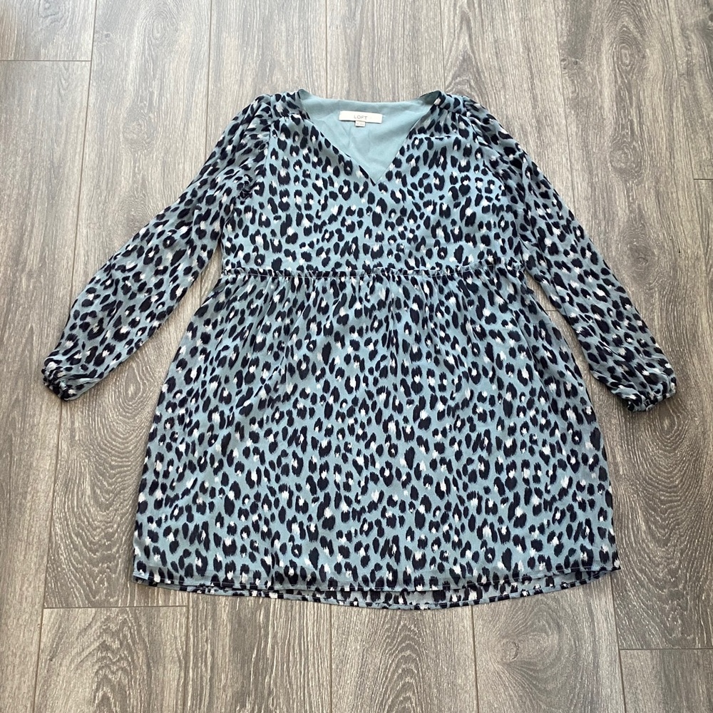LOFT - Blue & Black Leopard Print Long Sleeve Mini Dress - Size XXS